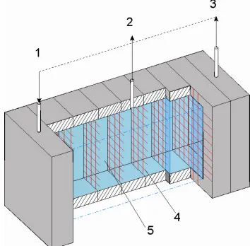 Figure 1. Technological cell: 1—nipple for the solution inlet; 2—nipple for the solution selection; 3—nipple for t e solu-htion selection and circulation; 4—insulated potential high- transparent nets; 5—solution