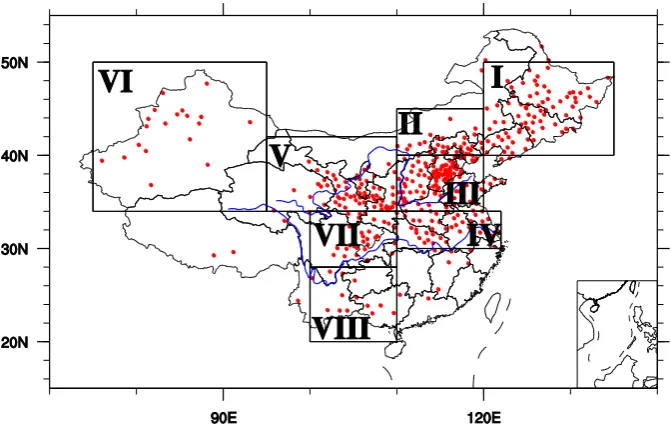 Fig.2. Locations of the 411 in situ soil moisture observation stations (red dots). Also  Locations of the 411 in situ soil-moisture observation stations (red dots)