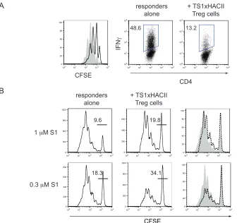 Figure 3-4 CD4+CD25+ cells in TS1xHACII mice possess in vitro suppressor function CFSE-labeled CD4+ TS1 T cells were cultured with CD4+CD25+ T cells purified from TS1xHACII mice at a 1:2 Treg:responder cell ratio and stimulated with (A) soluble anti-CD3 (0