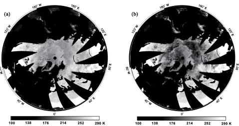 Figure 1. SSM/I 19 GHz (a) and 37 GHz (b) brightness temperature (Kelvin) measured on 10 March 2006 (ascending mode) used in the algorithm for snow water equivalent retrieval