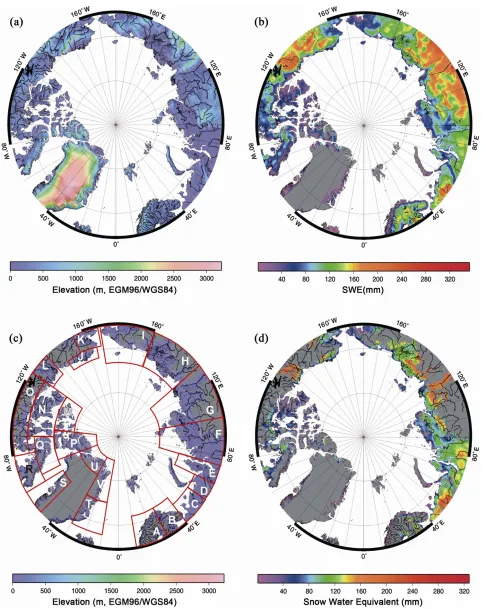 Figure 2. 65˚N region of interest for snow water equivalent (SWE) investigation. (a) ESA funded Altimetry Corrected Eleva-tion Digital Elevation Model version 2; (b) SSM/I snow water equivalent on 3 March 2006; (c) Elevations in the range of 0 to 100 m and