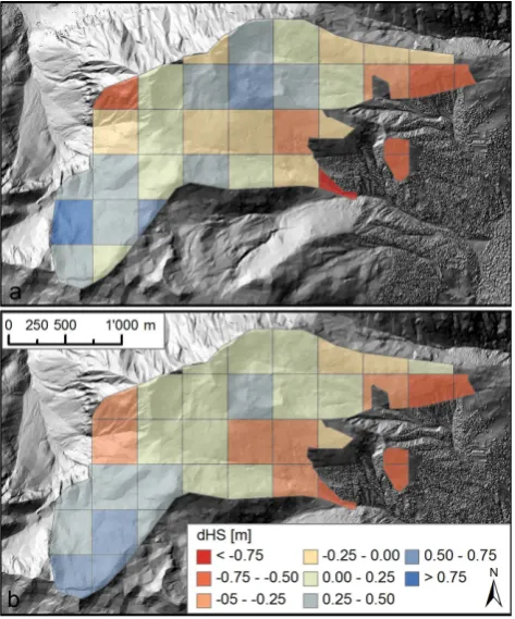 Fig. 6. Comparison of dHS for the Wannengrat in April 2009, ag-elled with a regression model with dgregated to (a) a 400 m grid form ALS-measurements, and (b) mod-E, SL and NO.
