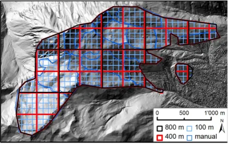 Fig. 4. Aggregation of sub-aras for the Wannengrat area by the man-ual and the automatic method (grids of different cell size).