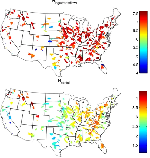Fig. 3. Spatial distribution of entropy for quantized streamﬂow andrainfall shows the drier climate in the central part of the USA.