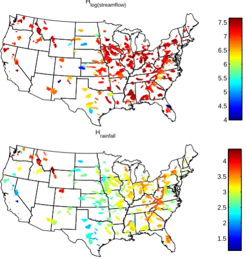 Fig. 3. Spatial distribution of entropy for quantized streamﬂow andrainfall shows the drier climate in the central part of the USA.