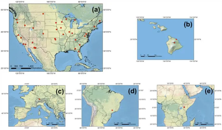 Fig. 3.  Africa for whichFig. 3. The locations of the 42 sites in (a) the continental USA, (b) Hawaii, (c) Europe, (d) South America and (e) Africa for which optimization of the COSMIC model parameters  (a) the contiguous USA, (b) Hawaii, (c) Europe, (d) S