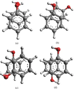 Figure 9. Minimized stable stacked models of Phenol-Phenol dimer with −OH groups of the phenol ring facing away from each other in gas phase; (a) 0˚ (b) 60˚ (c) 120˚ (d) 180˚