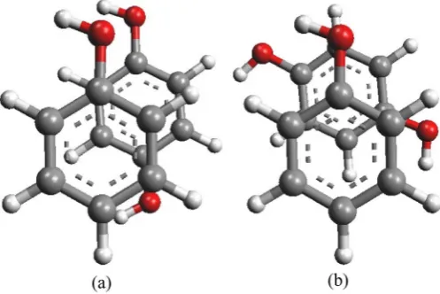 Figure 10. Minimized stable stacked models of Diphenol-Diphenol dimer with −OH groups of the diphenol ring facing the same side in gas phase; (a) 0˚, (b) 60˚