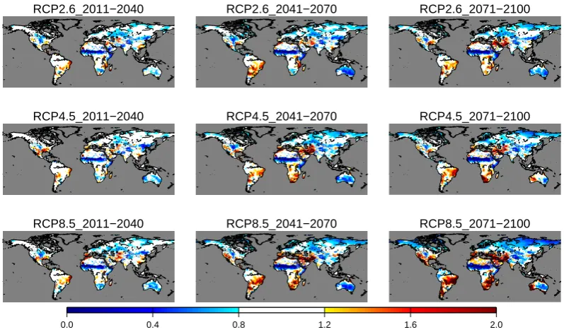 Fig. 7. Global pattern of change (ratio) in the Withdrawal to Water Resources ratio from the baseline period [–].