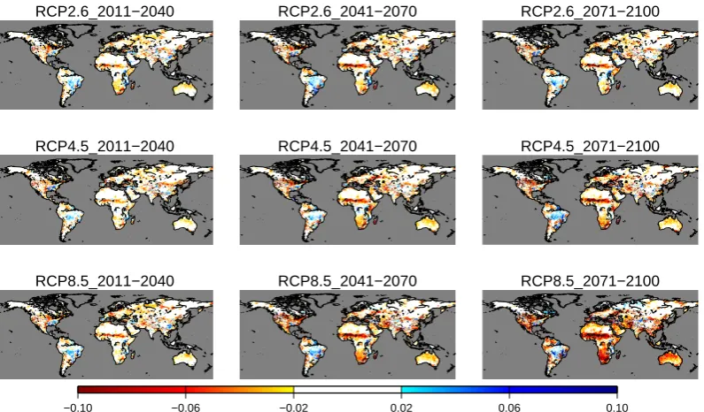 Fig. 8. Global pattern of change (difference) in the Cumulative Abstraction to Demand ratio from the baseline period [–].
