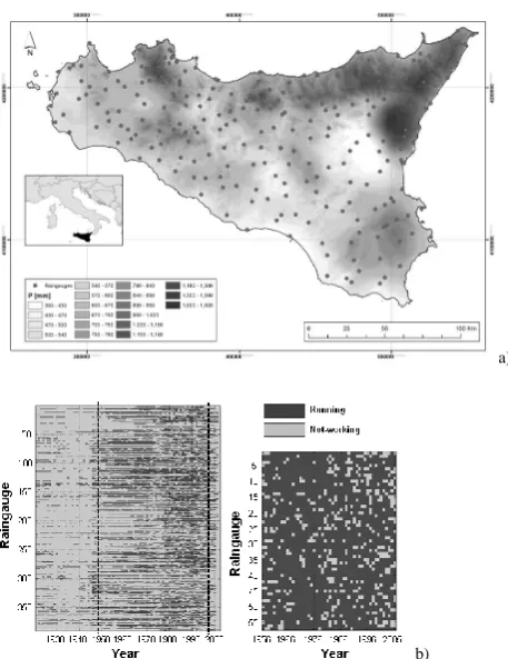Fig. 1.Figure 1. Location of raingauge stations over the Region and spatial distribution of mean  Location of rain gauge stations over the region and spa-tial distribution of mean annual rainfall depth, from Di Piazza eting different intensity thresholds (