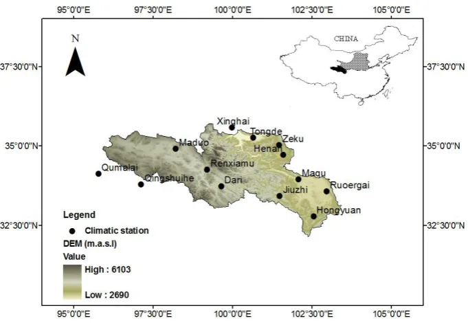 Fig. 1. Map of the study area showing the locations (ﬁlled circle) of climatic stations