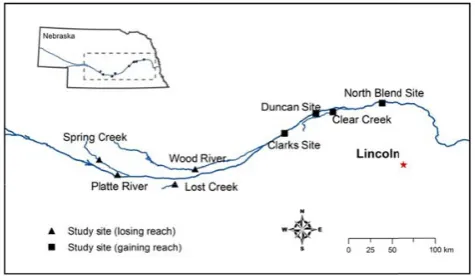 Fig. 1. Location map of eight study sites in south-central and easternNebraska. Four study sites were in gaining stream reaches and theother four study sites were in losing stream reaches.