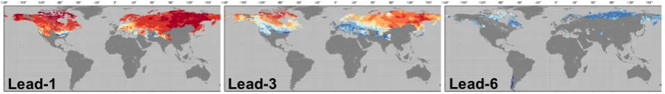 Fig. 6. RMSE ratio for snow water equivalent (SWE) forecasts at lead-1, -3 and -6 months since the forecast initialization onFig
