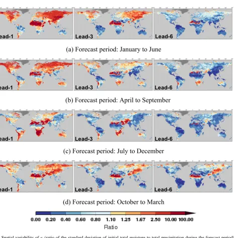 Fig. 1. lead-1, -3 and -6 months for forecast initialization on Spatial variability of κ (ratio of the standard deviation of initial total moisture to total precipitation during the forecast period) at (a) 1 January, (b) 1 April, (c) 1 July and (d) 1 October.