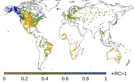 Fig. 6. (a) Relation between GPCC and CRU precipitation,and (b) best RC estimates based on GPCC precipitation versus CRU precipitation, (c) best RC estimates based on CRU precipitation versus CRU precipitation
