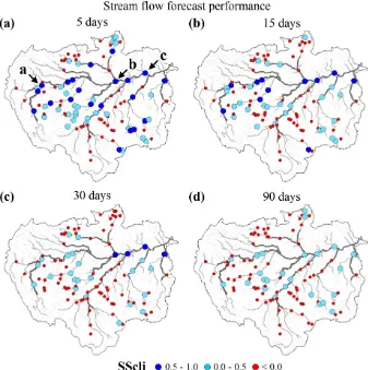 Fig. 9. Evaluation of streamﬂow forecasts. Spatial distribution of the skill score SScli for (a) 5, (b) 15, (c) 30 and (d) 90 days lead time.