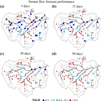 Fig. 9. Evaluation of streamﬂow forecasts. Spatial distribution of the skill score SScli for (a) 5, (b) 15, (c) 30 and (d) 90 days lead time.