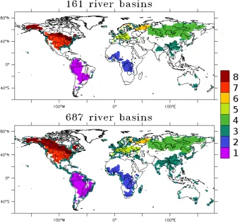 Fig. 1. Coverage of 161 (687) river basins top (bottom) over the 8 selected zones which are 1 = South America, 2 = Africa, 3 = South Asiaincluding Oceania, 4 = North Asia corresponding to Siberia, 5 = South Europe, 6 = North Europe including Arctic basins,