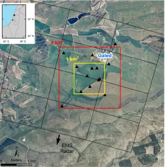 Fig. 1. Map of the study area including the 14 rain stations (triangles) around Kibbutz Galed