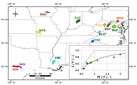 Fig. 1. Study sites location. Snow catchments are indicated withFigure   1   an ∗. Inset: Evaporation Index (   E/P ) vs