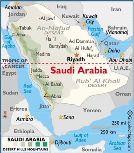 Figure 1. Map of Saudi Arabia illustrating the main physi-ographic features and the location of Riyadh