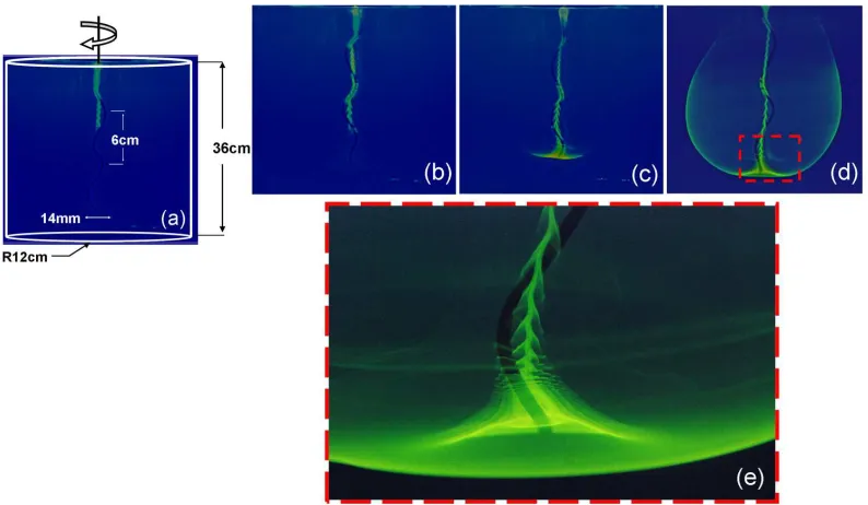 Figure 2.1: (a) - (b) The gradual movement of the dye downwards while wrapping aroundthe ﬁlament and producing a ﬁshscale-like pattern until it reaches an unstable point at the tipof the helix