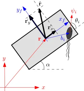 Figure 3.5: A schematic of a microbarge and a bacterium. The angle αof the is formed by themain axis of the microbarge and the x axis
