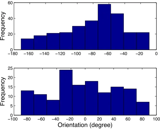Figure 3.9: Histograms of the orientation of the bacteria on Microbarge A (top) and Micro-barge B(bottom).