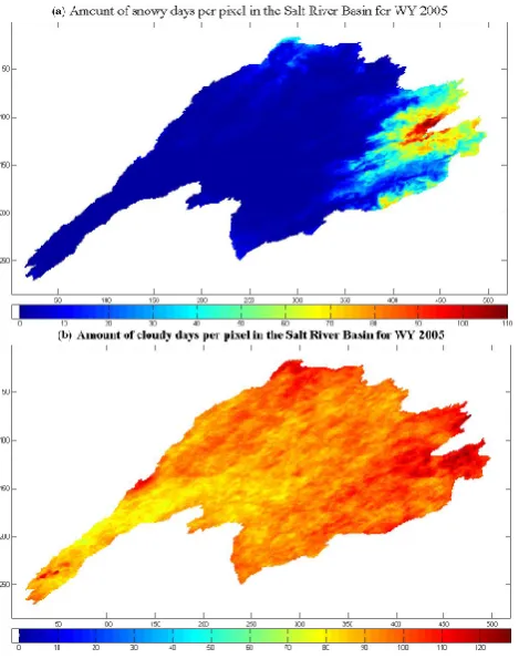 Fig. 3. (a) Pixel map of number of “days of snow” across the basinbetween 1 October and 31 May, indicating that snow is accumulatedat higher elevations on the eastern side; (b) pixel map of number ofdays with clouds over the same period.