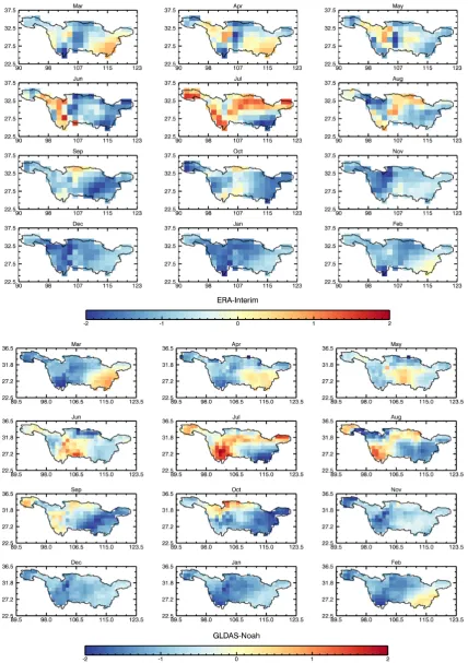 Fig. 6. Spatial patterns of monthly averaged TWSC annual standardized anomalies computed from ERA-Interim for the period January 1979till December 2010 and from GLDAS-Noah for the periods January 1979 till December 1995 and January 1998 till December 2010.