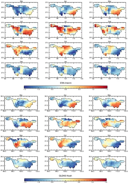 Fig. 5. Spatial patterns of monthly averaged TWS annual standardized anomalies computed from ERA-Interim for the period January 1979till December 2010 and from GLDAS-Noah for the periods January 1979 till December 1995 and January 1998 till December 2010.