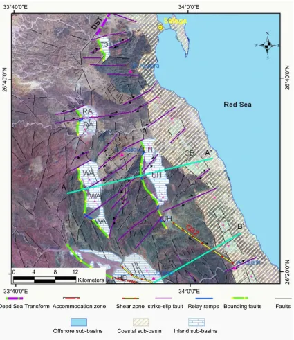 Figure 8. Landsat ETM+ bands (7, 4, 2) in red, green, and blue, shows half-graben Extensional Sub-Basins (ESB) of (TG) Um Taghir; (RA) Rabah; (WA) Wasif; (UH) Um Hewitat; (CB) Coastal Basin; (DAZ) Duwi Accommodation Zone; (QSZ) Queih Shear Zone