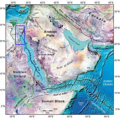 Figure 1. Landsat image shows the Arabian Nubian Shield (ANS), and Seasat-derived bathymetry of the Red Sea—Gulf of Aden rift system show major tectonic elements of the ANS, Najd fault system, the Dead Sea transform boundary, the Bit-
