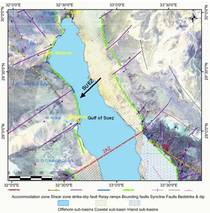 Figure 5. Landsat ETM+Zones (AZ); (ZAZ) Zaafarana; (RSZ) Rihba Shear Zone. Small black arrows show the strike-slip movements of transfer faults