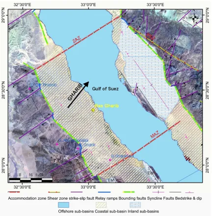 Figure 6. Landsat ETM+ bands (7, 4, 2) in red, green, and blue, shows the Gharib rift segment bounded from the north by the (ZAZ) Zaafaran Accommodation Zone, and from the south by the (MAZ) Morgan Accommodation Zone; (RSZ) Rihba Shear Zone