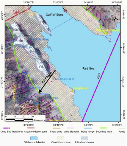 Figure 7. Landsat ETM+Mallaha and the (MAZ) Morgan Accommodation Zone. Small black arrows show strike-slip movement