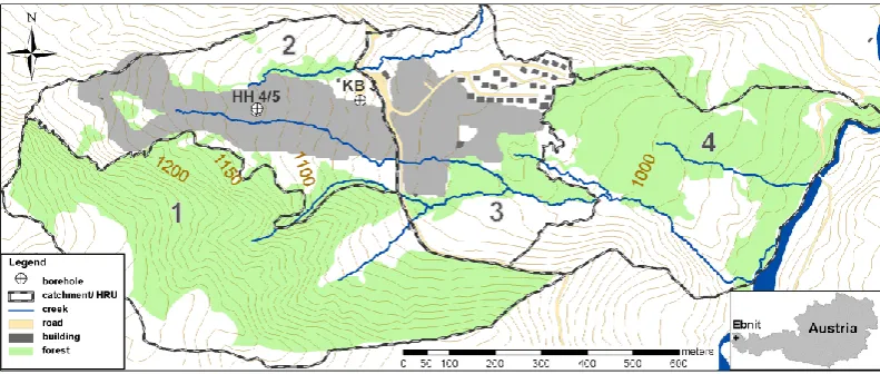Fig. 1. Topography of the Heum¨oser catchment near Ebnit (Vorarlberg, Austria). The grey-shaded region indicate the open meadow area, onwhich geophysical mapping was focused