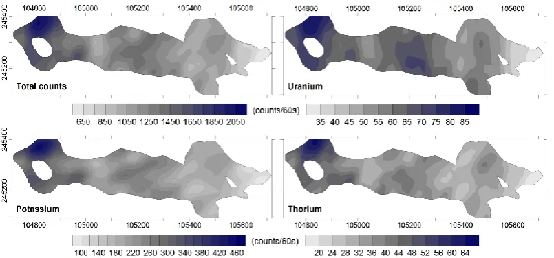 Fig. 4. Maps of interpolated gamma radiation (in counts per 60 s) using individual data of Total Count (top left panel), potassium or K (bottomleft panel) uranium or U (top right panel), and thorium or Th (bottom right panel)