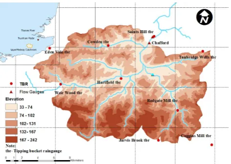 Fig. 1. Topographic and the river network map of the Upper Med-way Catchment.