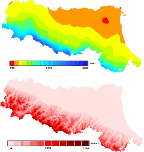 Fig. 1. Mean annual precipitation (“Precipitazioni annue – Periodo1991–2008”, ARPA Regione Emilia Romagna) and digital elevationmodel of the Emilia-Romagna region.