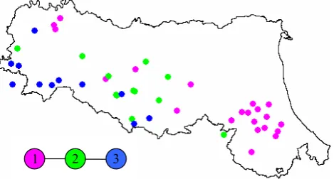 Fig. 5. Topology map of 3-cluster SOM classiﬁcation of streamﬂowsignatures vectors.