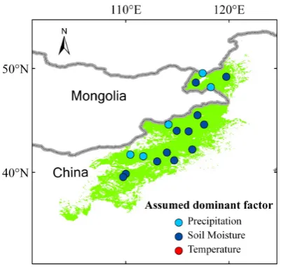 Fig. 12. The spatial pattern of assumed dominant factor based on which could get the best regression of Green-up Onset Date in Inner Mongolia.Fig