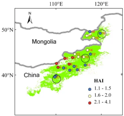 Fig. 4. The Holdridge Aridity Index of meteorological stations in Inner Mongolia grassland
