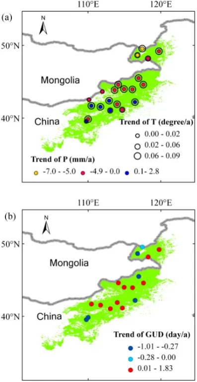 Fig. 7.  (a)Trend of air temperature and precipitation in Inner Mongolia from 1982 to2006; (b) Trend of Green-up Onset Date (GUD) in Inner Mongolia from 1982 to Fig