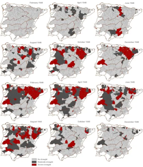 Fig. 9. Spatial coverage of the affected areas during the 1992–1993drought. Dark grey depicted moderate drought conditions and reddepicted severe drought conditions.