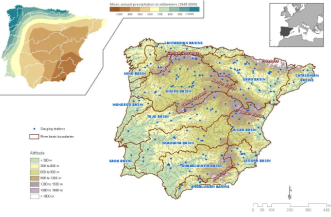 Fig. 1. The Iberian Peninsula: topography and location of the gauging stations used in the study distributed by mayor basins