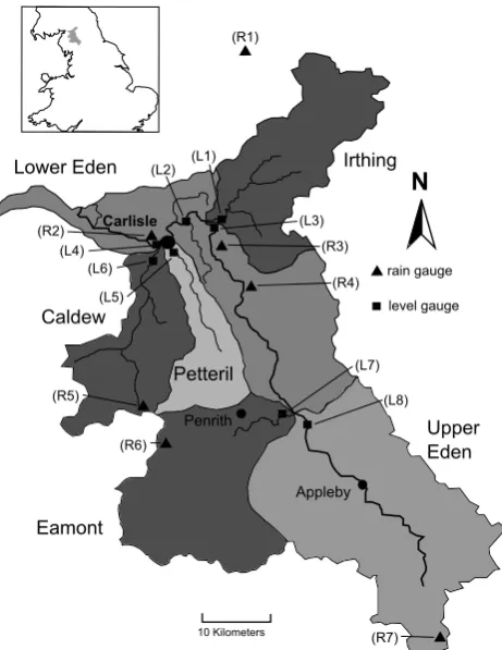 Fig. 1. The Eden catchment with locations of level (▲■ ) and rain( ) gauges used by the DBM network model