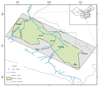 Fig. 9. The location of the study area in the middle reach of the Heihe River basin and the model grid structure.2 Fig