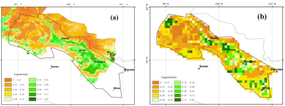 Fig. 11. Evapotranspiration calculated by remote sensing (a) and simulated by the GWSiB model (b) in the middle reach of the Heihe River basin at 15:00 local time on August 8, 2008